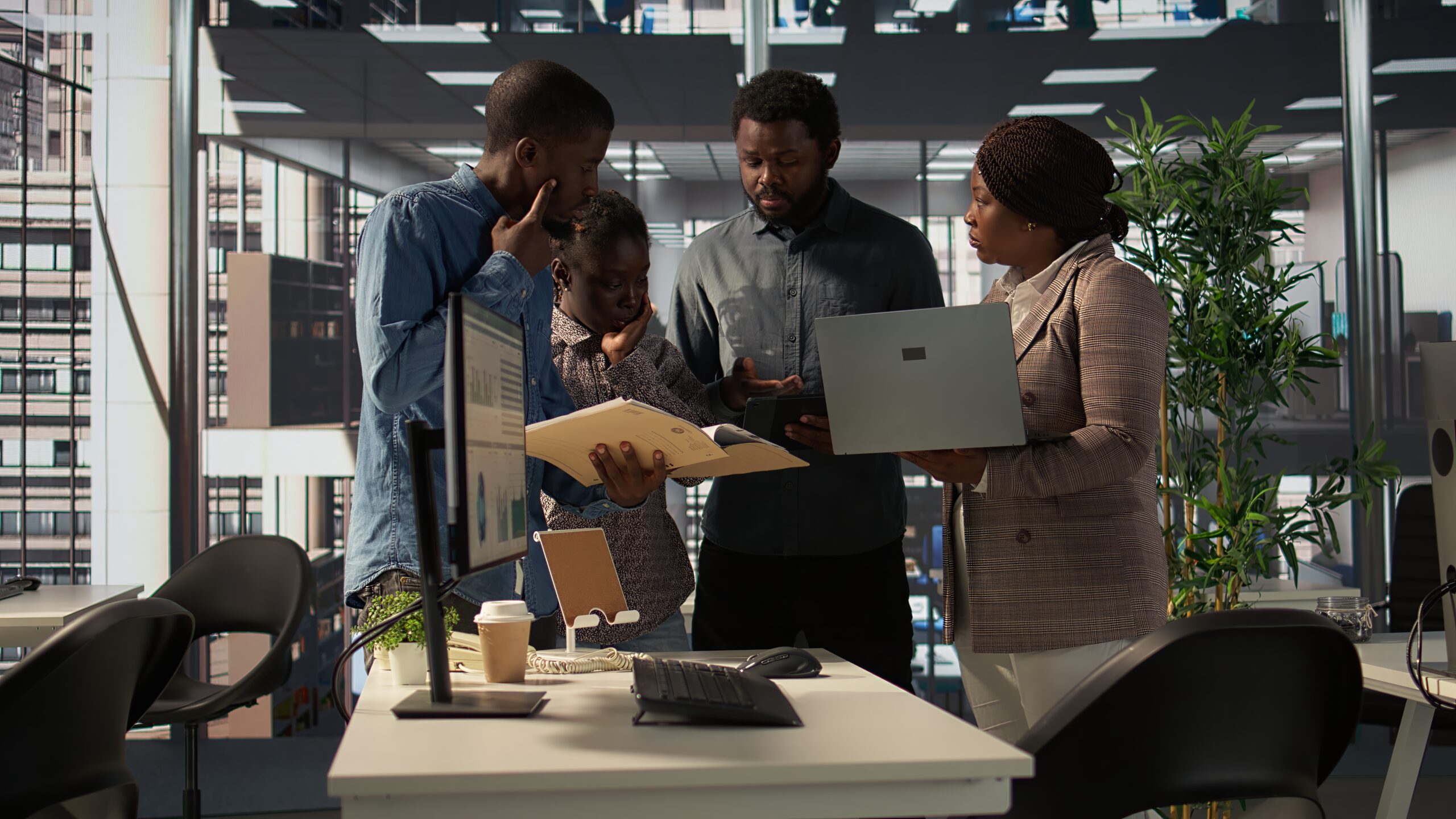 Multinational company workers meet to plan a project focused on growth, discussing resource allocation and performance metrics data. Black business staff achieve goals effectively. Camera B.